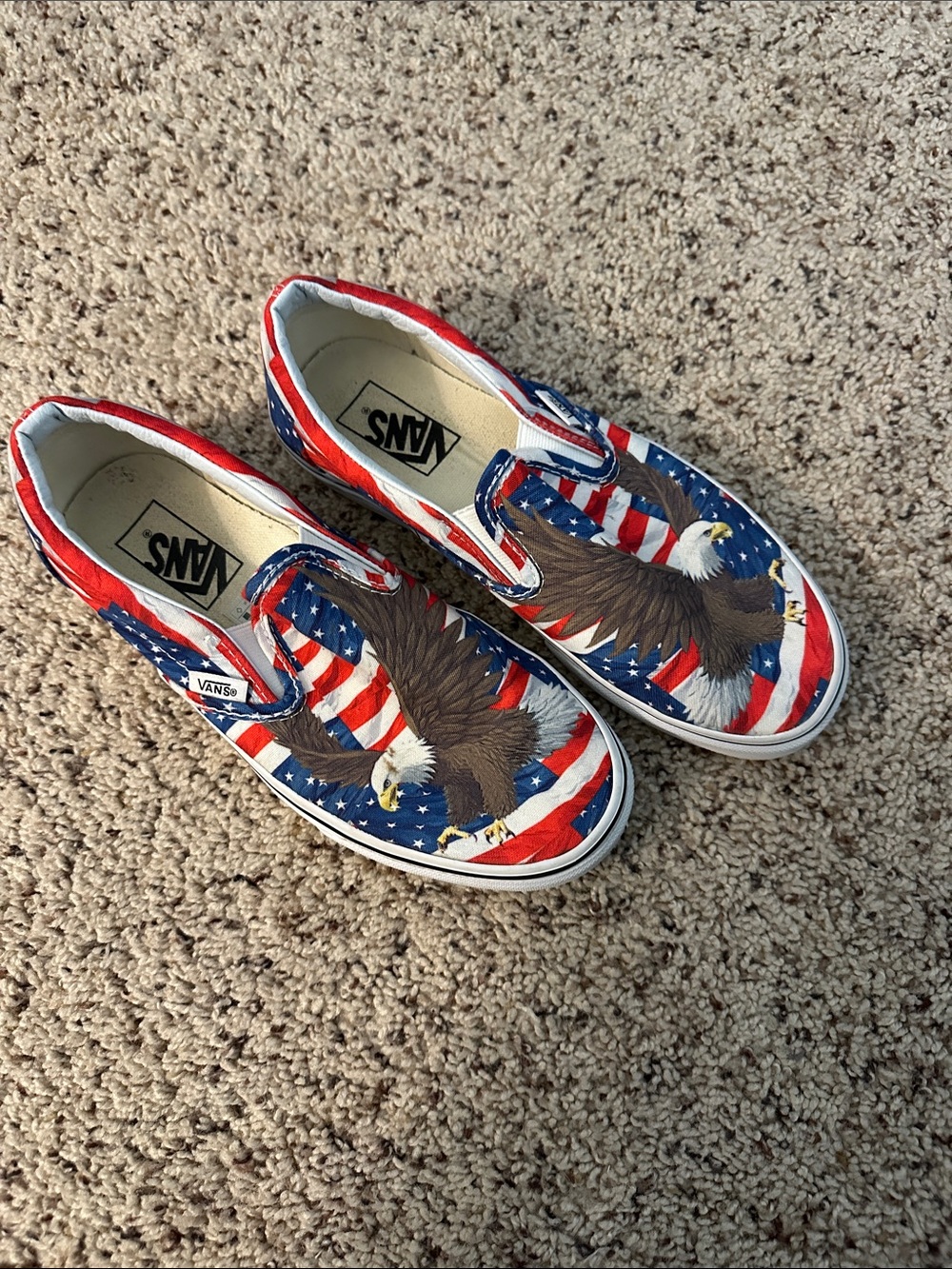 Vans Slip-On Sneakers with Eagle & Stars Stripe- Red/White/Blue women’s 8